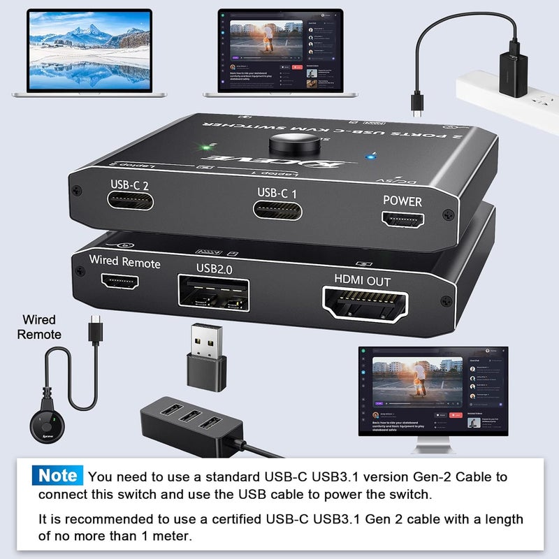 MLEEDA USB C KVM Switch 4K@60Hz, KVM Switch USB C for 2 Laptops Share Single HDMI Monitor and Keyboard Mouse,Compatible with Windows,Mac OS,Wired Remote and USB Power Cord Included - Image 4